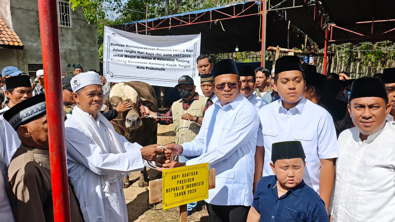 Wali Kota Prabumulih H Arlan menyerahkan sapi kurban bantuan Presiden Prabowo Subianto seberat hampir satu ton kepada pengurus Masjid Al Ikhlas di Kelurahan Tanjung Rambang.