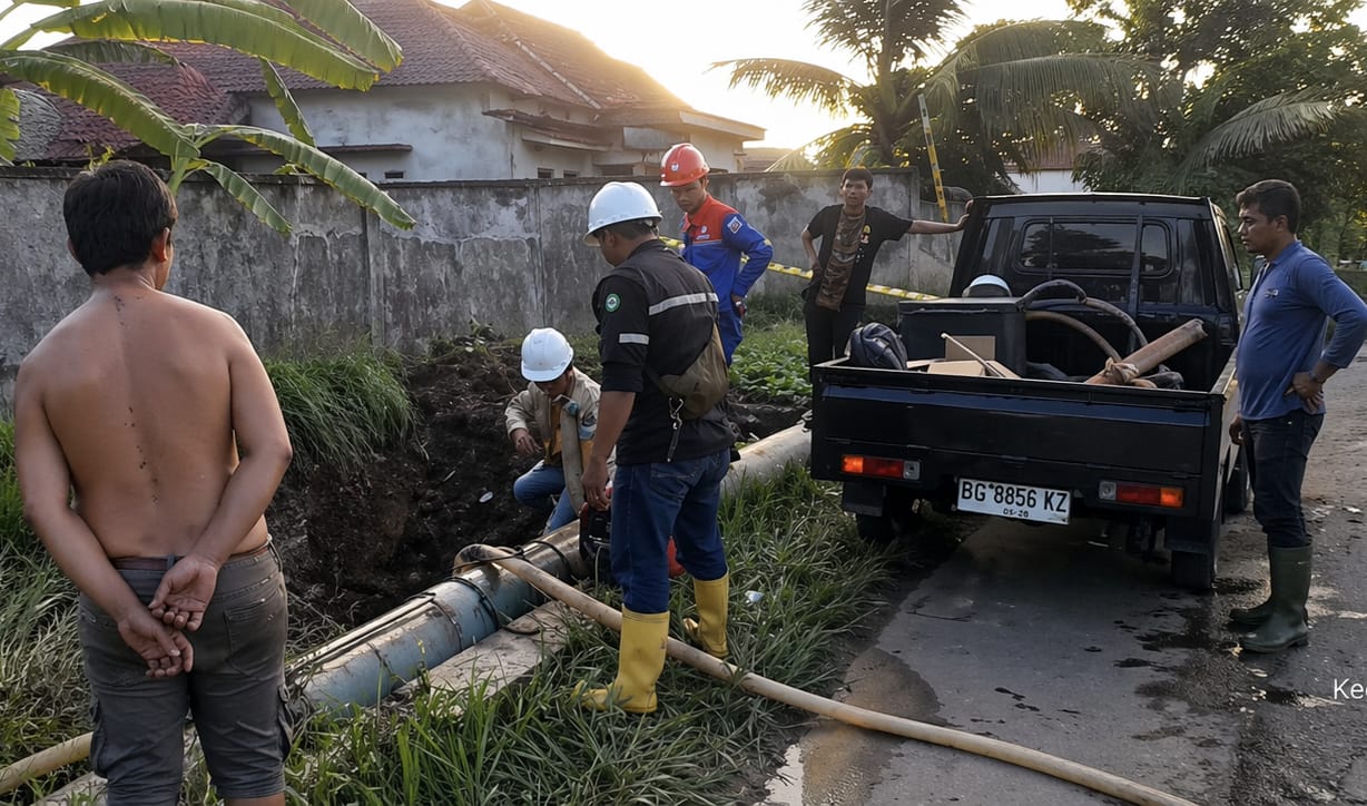 Petugas memperbaiki pipa gas PD Petro Prabu yang bocor di Gunung Kemala Prabumulih akibat alat berat