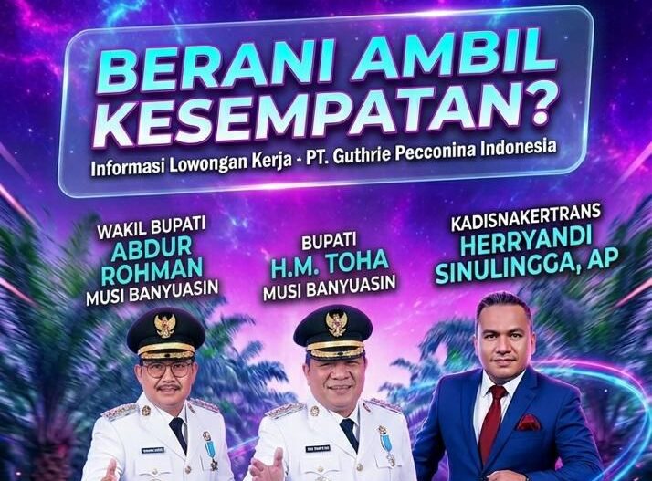 Ilustrasi pamflet pendaftaran lowongan kerja di Disnakertrans Musi Banyuasin tahun 2026 untuk PT Guthrie Pecconina Indonesia, menunjukkan proses administrasi tenaga kerja perempuan lulusan SMP dengan latar kantor pemerintahan daerah yang transparan dan tertib.