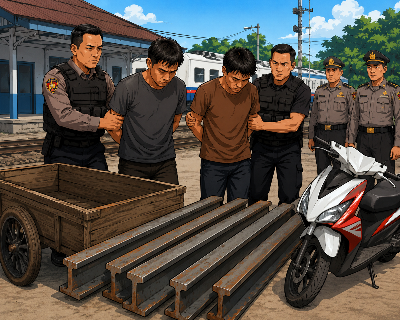 Ilustrasi kasus pencurian rel kereta api di Prabumulih, polisi mengamankan dua pelaku beserta barang bukti rel milik PT Kereta Api Indonesia