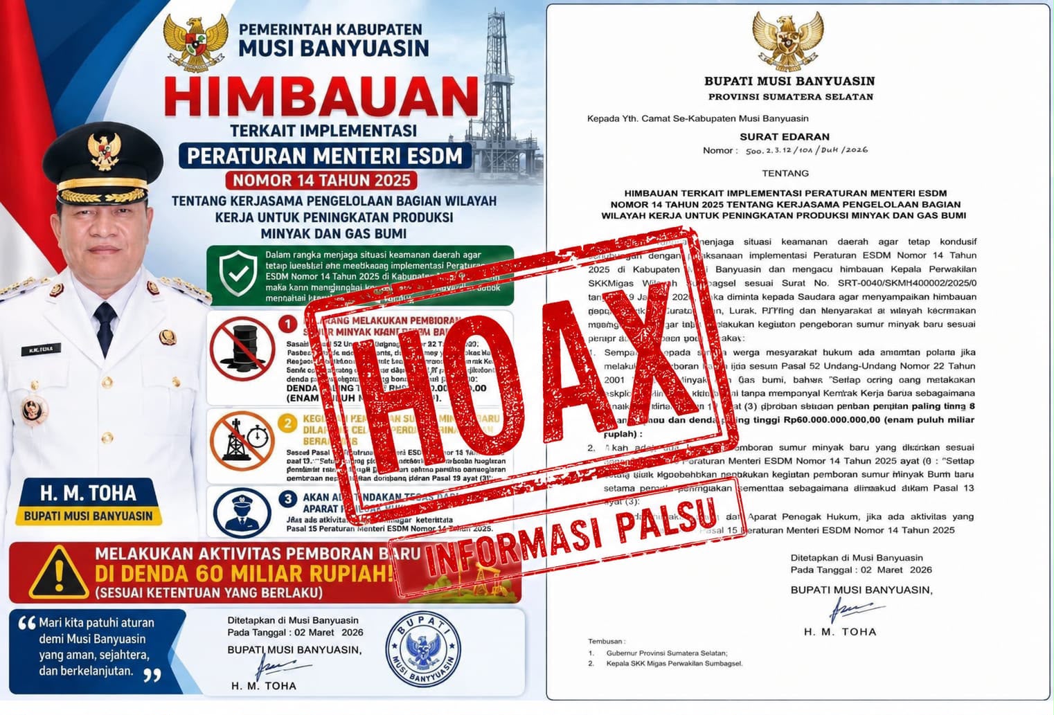Sekretaris Daerah Musi Banyuasin Syafaruddin menegaskan surat edaran terkait implementasi Permen ESDM Nomor 14 Tahun 2025 yang beredar di media sosial merupakan dokumen palsu dan hoaks.