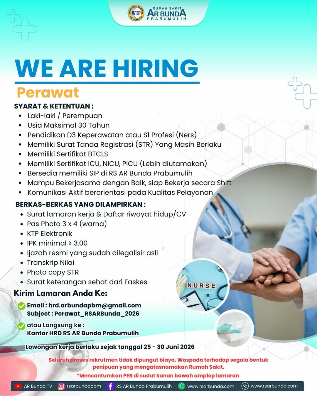 Poster lowongan kerja perawat RS AR Bunda Prabumulih tahun 2026.